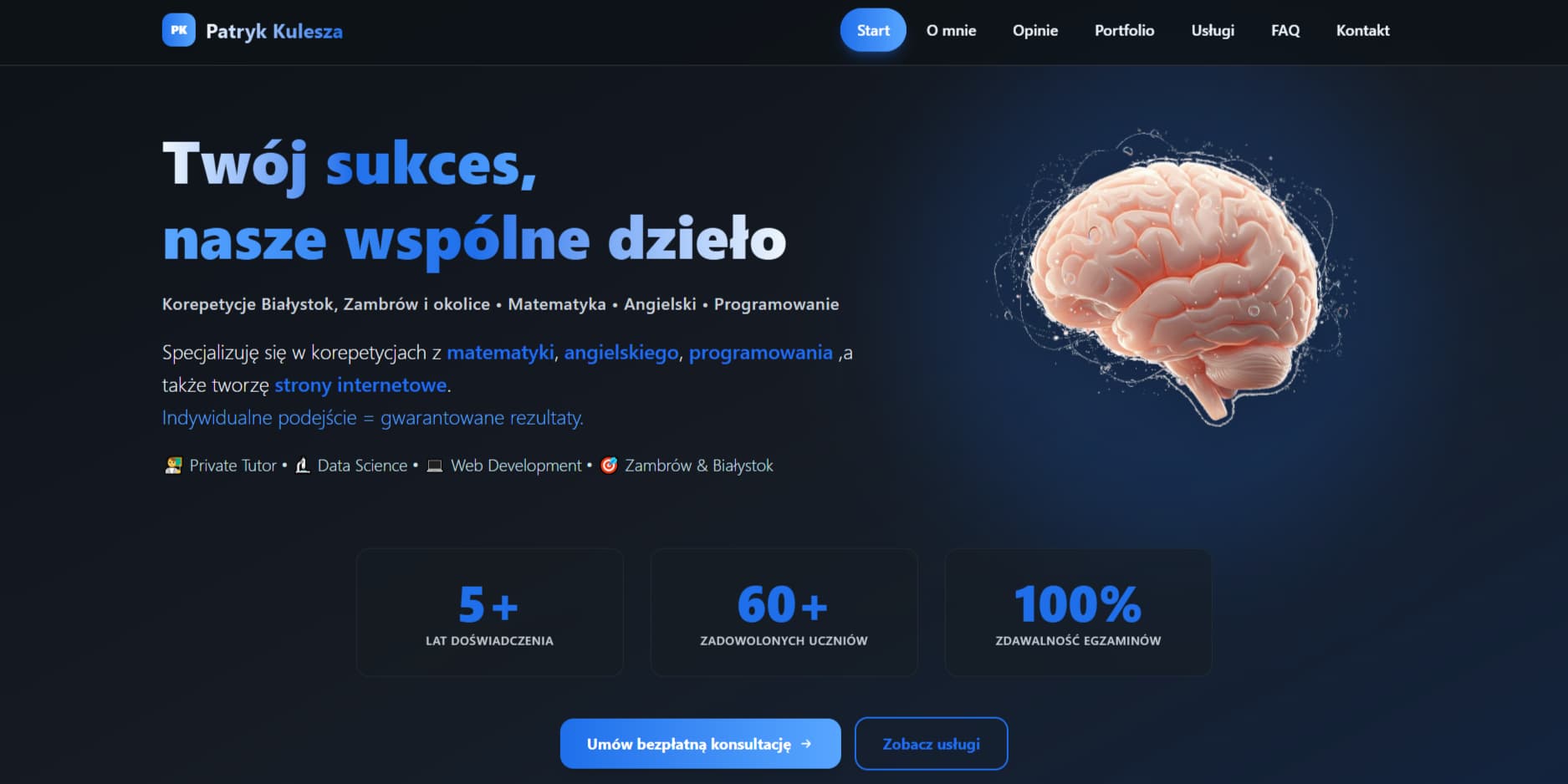 Realizacja strony internetowej Patryk Kulesza - korepetycje matematyka, angielski i programowanie przez WHITESLOPE STUDIO